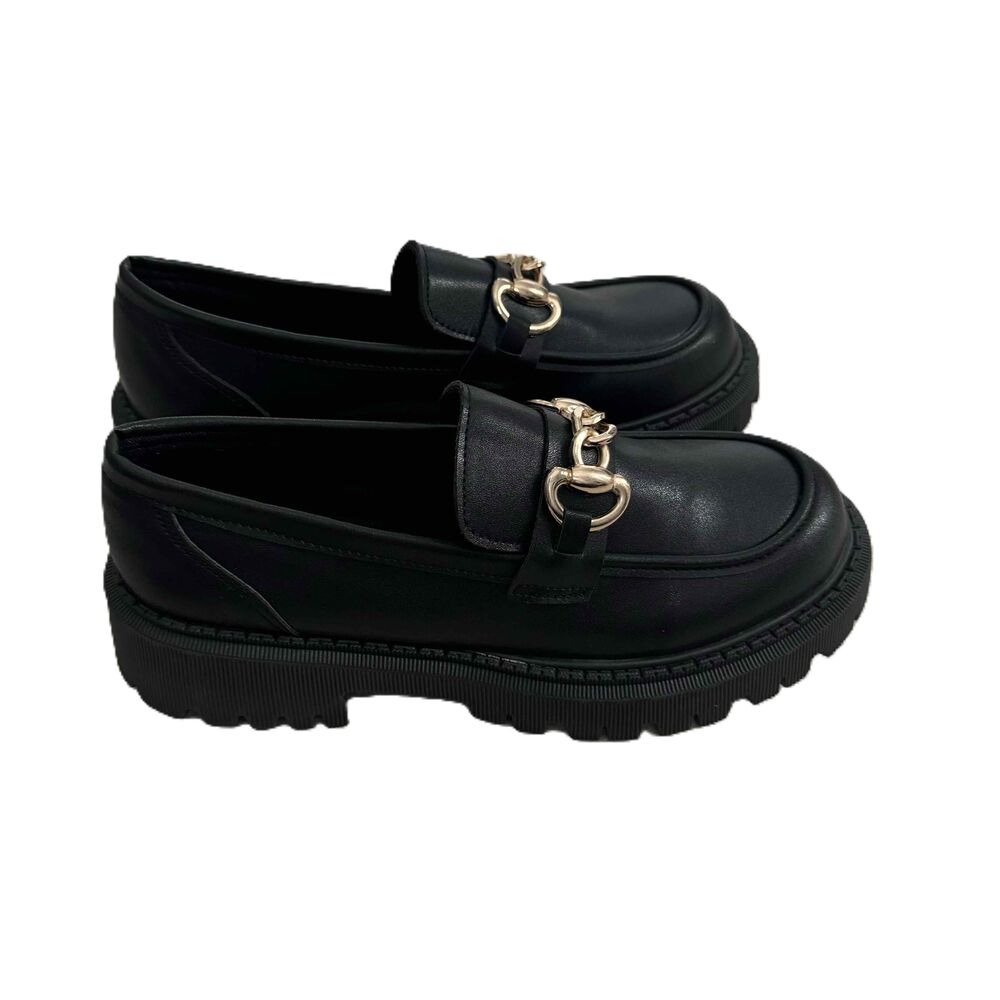 Lug Sole Loafers Black Gold Chain Embellished Chunky Sole Polished NWOT Size 40 - Picture 6 of 10